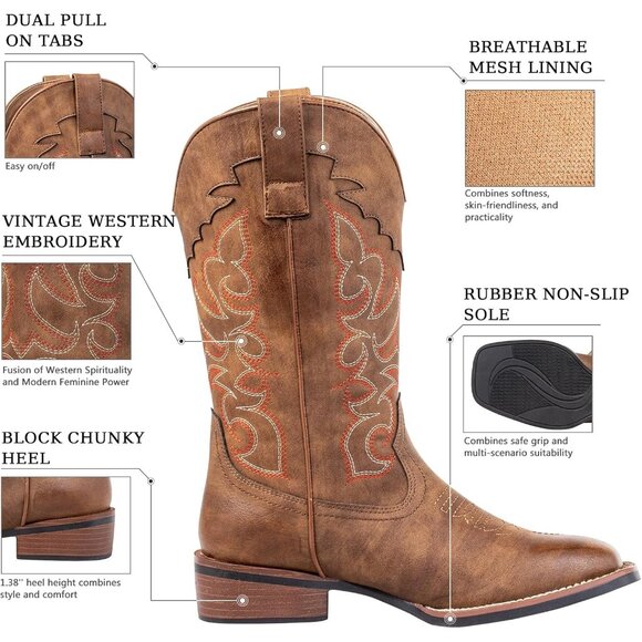 SheSole Womens Dark Brown Cowboy Square Toe Cowgirl Wide Calf Western Boots - Picture 3 of 6